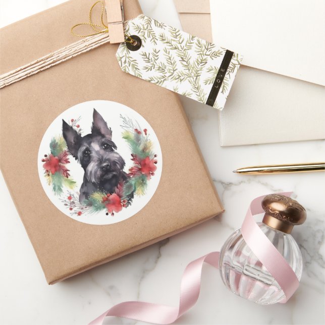 Scottish Terrier Christmas Wreath Festive Pup  Classic Round Sticker (Gifting)