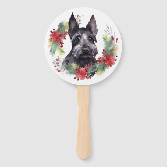 Scottish Terrier Christmas Wreath Festive Pup  Hand Fan (Front)