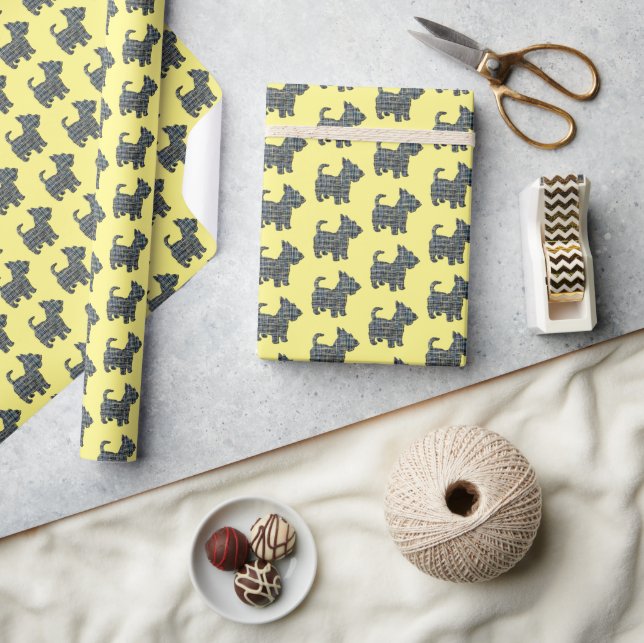 Scottish Terrier Cute Dog Y&B Grid Yellow Gift Wrapping Paper (Crafts)