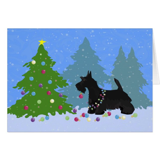 Scottish Terrier Decorating Christmas Tree Card (Front Horizontal)