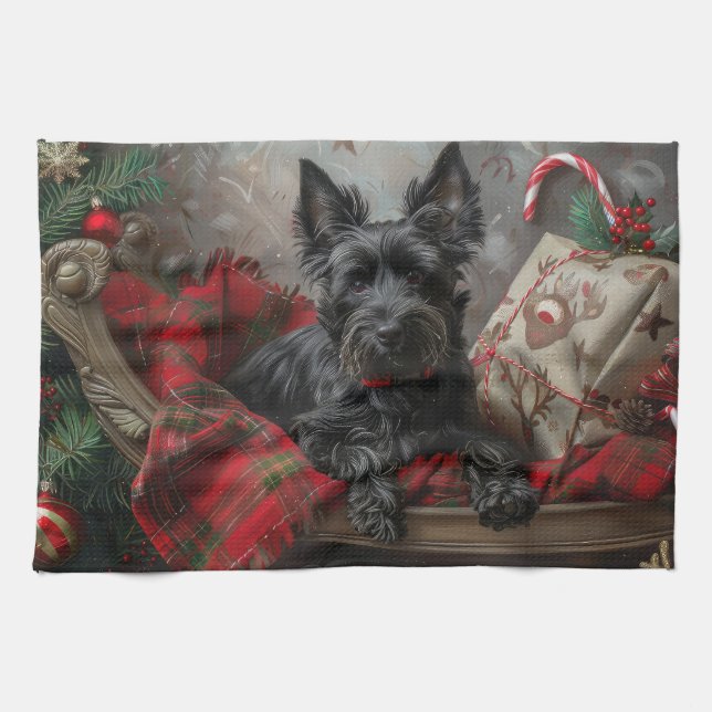 Scottish Terrier Dog Christmas Festive Tea Towel (Horizontal)