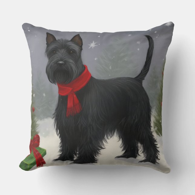 Scottish Terrier Dog in Snow Christmas Cushion (Front)