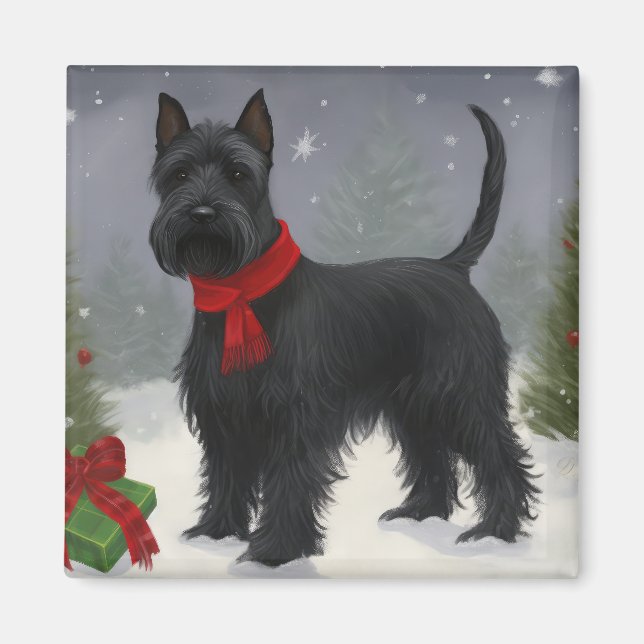 Scottish Terrier Dog in Snow Christmas Magnet (Front)