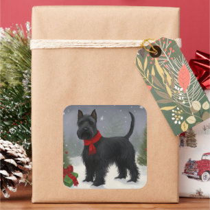 Scottish Terrier Dog in Snow Christmas Square Sticker