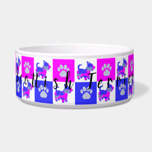 Scottish Terrier Dog & Paw Hot Pink &Blue Pet Bowl