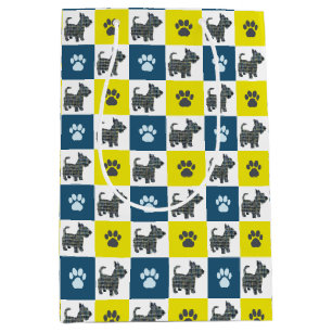 Scottish Terrier Dog & Paw Yellow and Blue Grid Medium Gift Bag