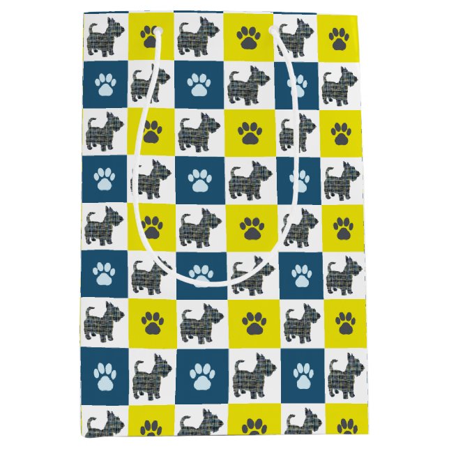 Scottish Terrier Dog & Paw Yellow and Blue Grid Medium Gift Bag (Front)