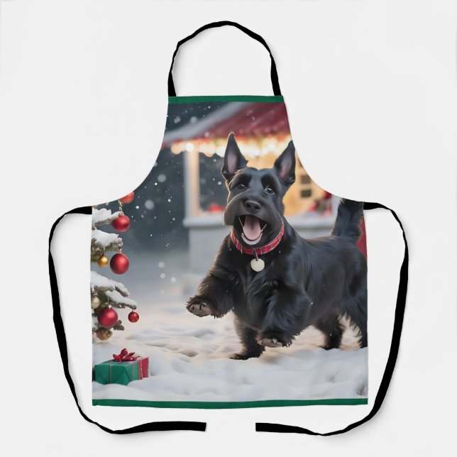 Scottish Terrier Dog Playing Christmas Snow Apron (Front)