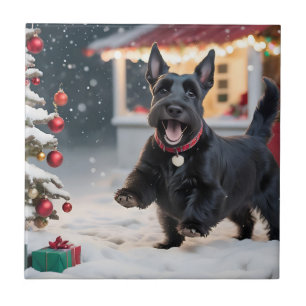 Scottish Terrier Dog Playing Christmas Snow Ceramic Tile