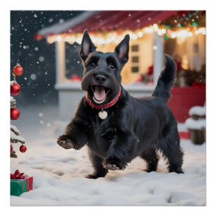Scottish Terrier Dog Playing Christmas Snow Poster