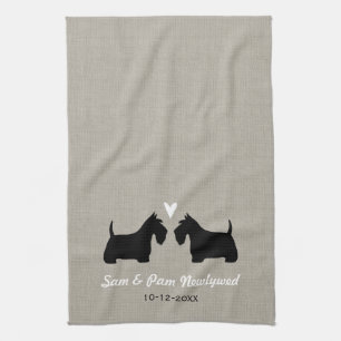 Scottish Terrier Dog Silhouettes with Heart Custom Tea Towel