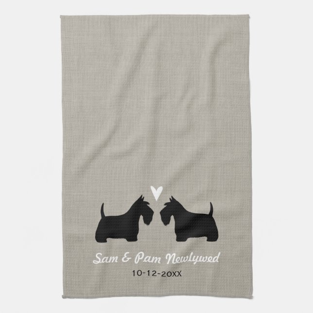 Scottish Terrier Dog Silhouettes with Heart Custom Tea Towel (Vertical)