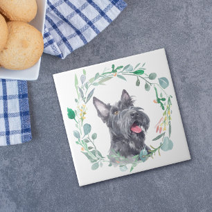 Scottish Terrier Dog Watercolor Wreath Ceramic Tile