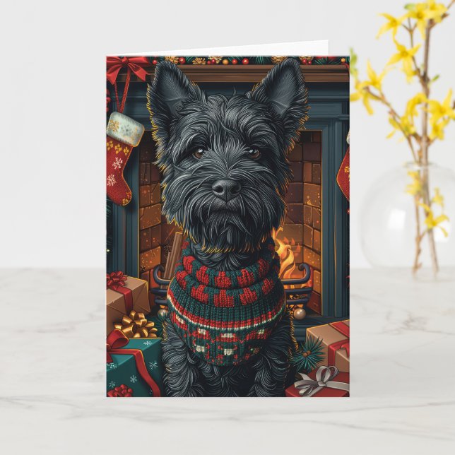 Scottish Terrier Dog With Christmas Gifts  Card (Yellow Flower)