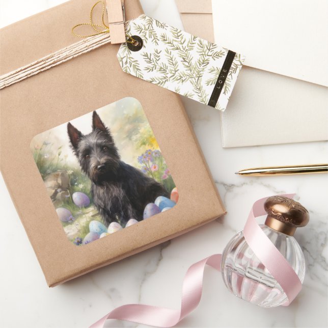 Scottish Terrier Dog with Easter Eggs Holiday Square Sticker (Gifting)