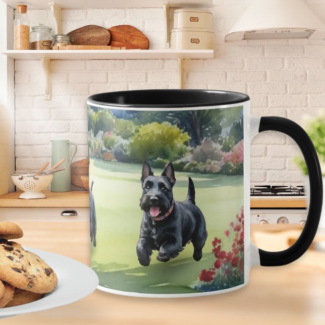 Scottish Terrier Dogs Watercolor Scotties Mug (A mug with picture of Scottish Terrier dogs playing in a garden in summer, in a watercolor style)