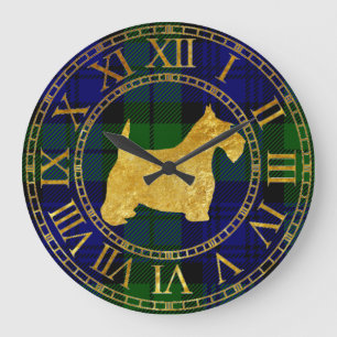 Scottish Terrier Gold and Plaid Large Clock