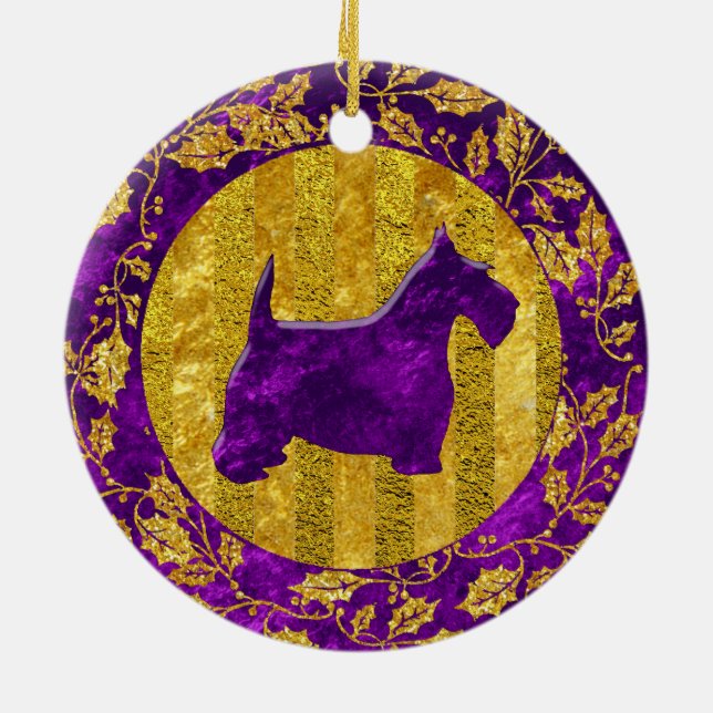 Scottish Terrier Gold Purple Ceramic Tree Decoration (Back)