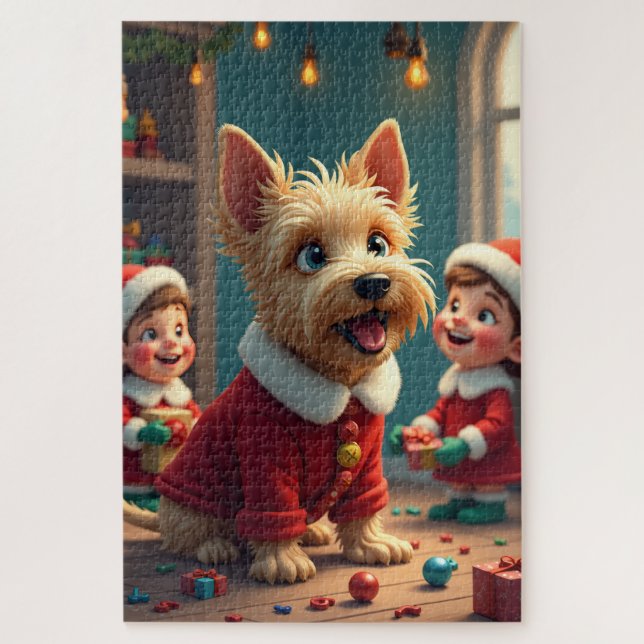 Scottish Terrier Helping Santa’s Elves Christmas Jigsaw Puzzle (Vertical)