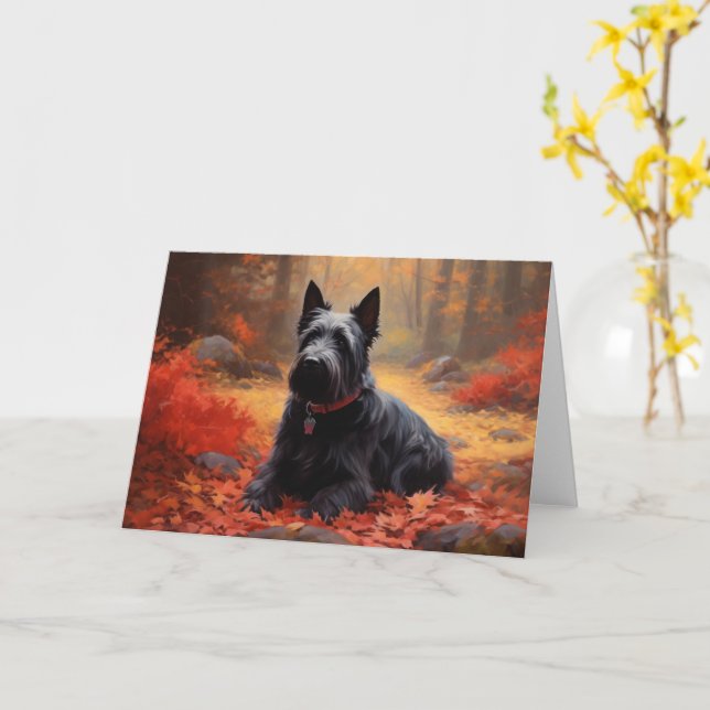 Scottish Terrier in Autumn Leaves Fall Inspire  Card (Yellow Flower)