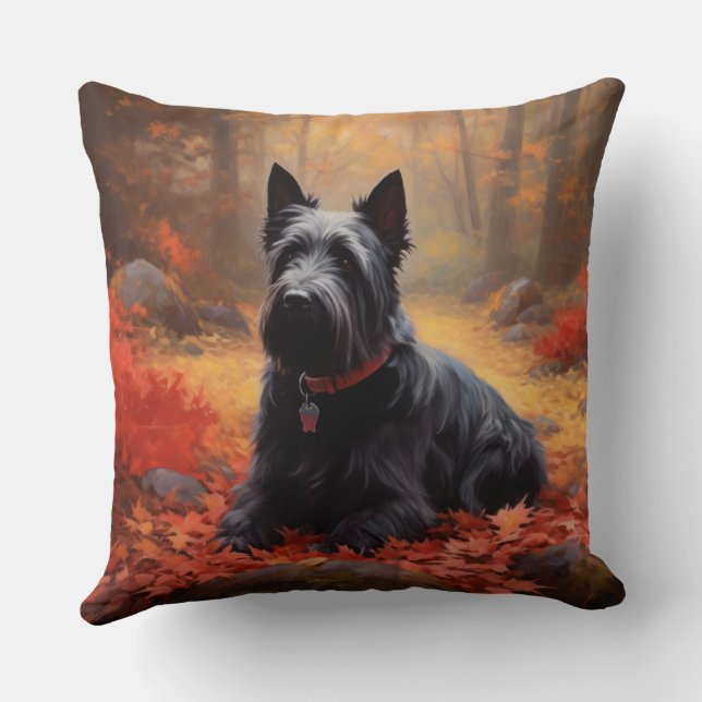 Scottish Terrier in Autumn Leaves Fall Inspire  Cushion (Back)