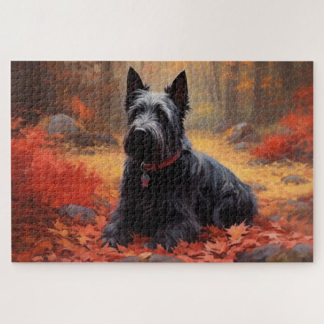 Scottish Terrier in Autumn Leaves Fall Inspire  Jigsaw Puzzle (Horizontal)