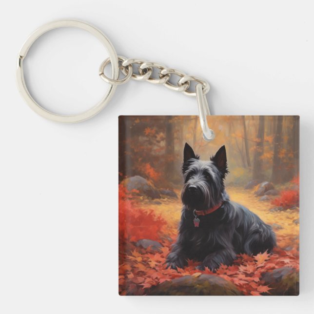 Scottish Terrier in Autumn Leaves Fall Inspire  Key Ring (Front)