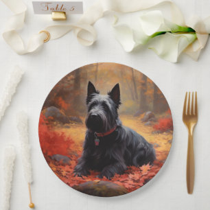 Scottish Terrier in Autumn Leaves Fall Inspire  Paper Plate