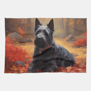 Scottish Terrier in Autumn Leaves Fall Inspire  Tea Towel