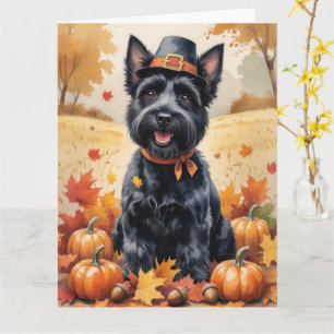 Scottish Terrier In Autumn Leaves Thanksgiving Art Card