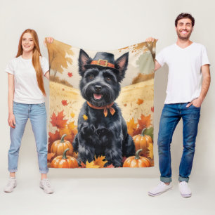 Scottish Terrier In Autumn Leaves Thanksgiving Art Fleece Blanket