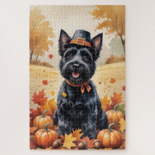 Scottish Terrier In Autumn Leaves Thanksgiving Art Jigsaw Puzzle