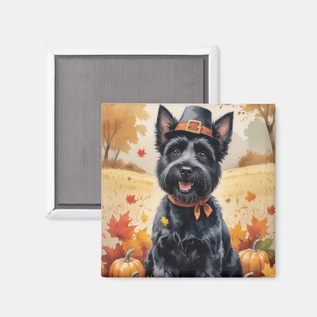 Scottish Terrier In Autumn Leaves Thanksgiving Art Magnet (Front/Back)