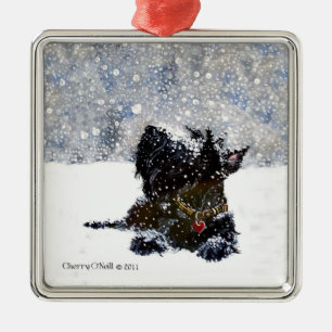 Scottish Terrier in Falling Snow Metal Ornament