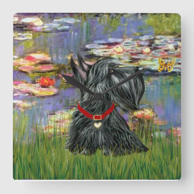 Scottish Terrier in Monet's Lilies Square Wall Clock (Front)