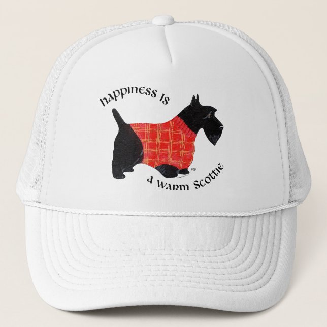 Scottish Terrier in Red Plaid Sweater Trucker Hat (Front)