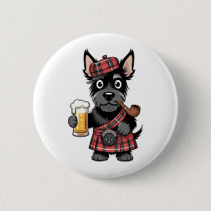 Scottish Terrier in Tartan Kilt with Beer and Pipe 6 Cm Round Badge