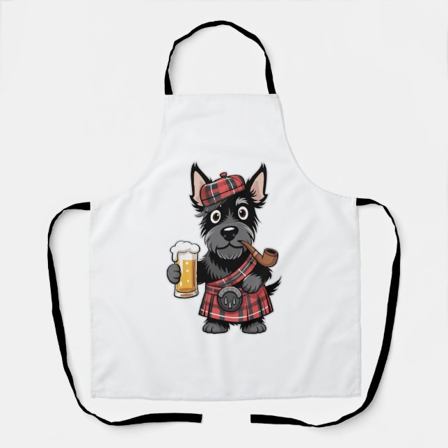 Scottish Terrier in Tartan Kilt with Beer and Pipe Apron (Front)