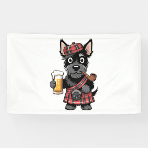 Scottish Terrier in Tartan Kilt with Beer and Pipe Banner
