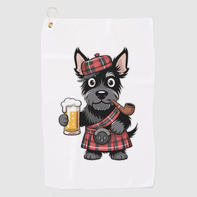 Scottish Terrier in Tartan Kilt with Beer and Pipe Golf Towel (Front)