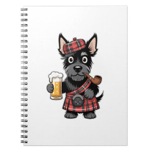 Scottish Terrier in Tartan Kilt with Beer and Pipe Notebook