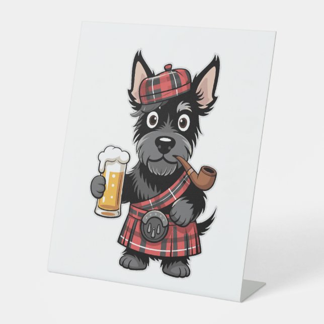 Scottish Terrier in Tartan Kilt with Beer and Pipe Pedestal Sign (Front)