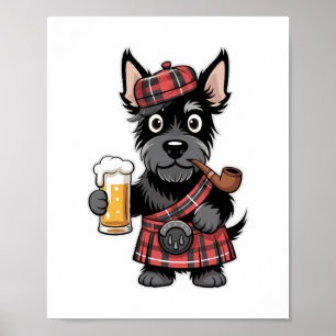 Scottish Terrier in Tartan Kilt with Beer and Pipe Poster