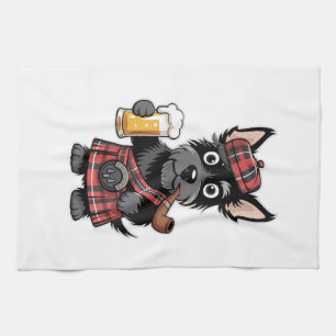 Scottish Terrier in Tartan Kilt with Beer and Pipe Tea Towel