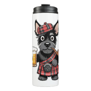 Scottish Terrier in Tartan Kilt with Beer and Pipe Thermal Tumbler