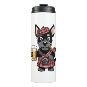 Scottish Terrier in Tartan Kilt with Beer and Pipe Thermal Tumbler