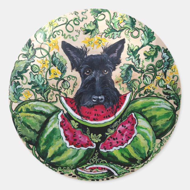 Scottish Terrier Melons Classic Round Sticker (Front)