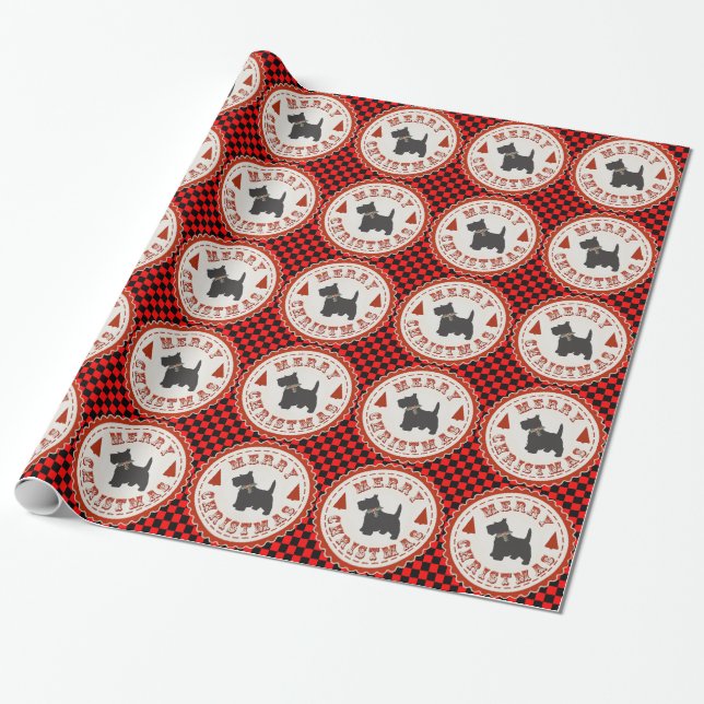 Scottish Terrier Merry Christmas Emblem on Checks Wrapping Paper (Unrolled)