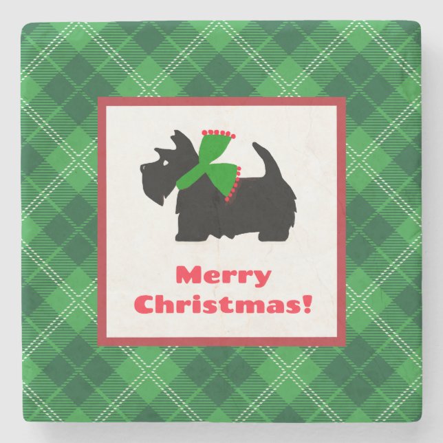 Scottish Terrier Merry Christmas Plaid Stone Coaster (Front)