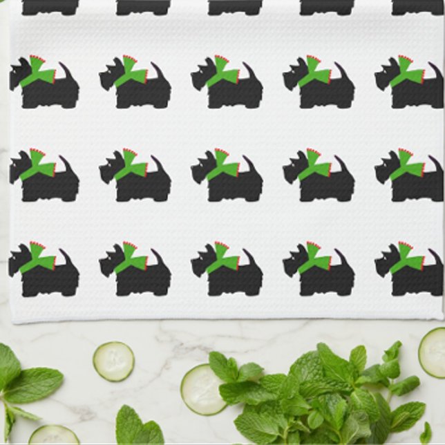 Scottish Terrier Merry Christmas Plaid Tea Towel (Cute Scotties on this dish towel!)